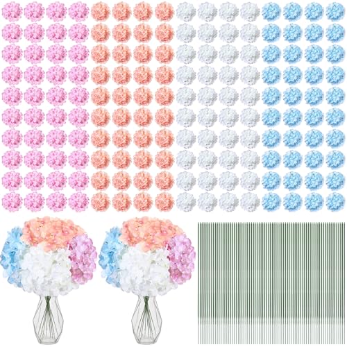 Giegxin 120 Pcs Artificial Hydrangea Flowers Bulk, Blue, Pink, White, Light Pink, Faux Silk Hydrangea Flower Heads with 120 Stems for Wedding Centerpieces, Home, Garden, Baby Shower, Party (4 Colors)