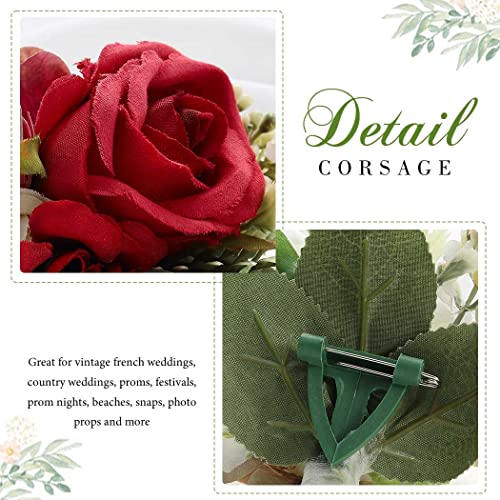 Wedding Flower Boutonniere Red Groom Rose Buttonholes Men's Boutineer Party Suit Decoration Prom Anniversary Accessories for Groomsmans and Man (A-Red) - color: A-red