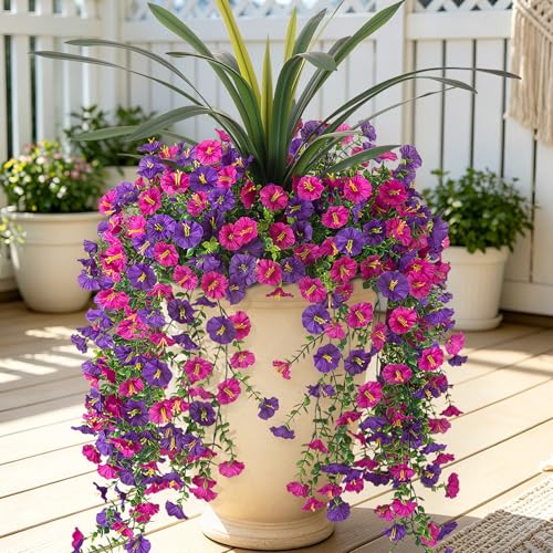 3 Bundles Fake Artificial Morning Glory Flowers for Outdoors, 1 Bundles Faux Greenery Plants UV Resistant Weatherproof for Indoor Outdoor Garden Patio Window Box Home Decor - color: Dark Purple,light Purple