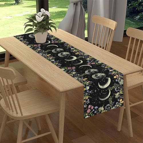 Wild Floral Table Runner, Boho Spring Gothic Moon Phase Wildflower Mystical Witchy Farmhouse Coffee Table Center Decor for Home Kitchen Dining Patio Holiday Party Table Decorations 13x36 inches - color: Tr-moon05, size: 13x36" Table Runner