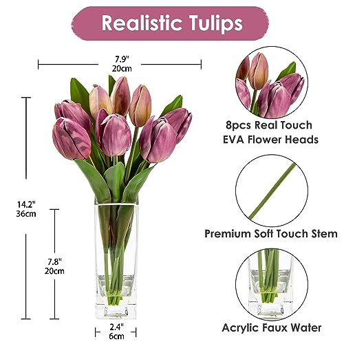 Briful Fake Flowers Artificial Tulip Flower Purple in Clear Vase, Real Touch EVA Tulip Arrangement Suitable for Home Office Fall Decoration, Dining Table Centerpiece - color: Palevioletred