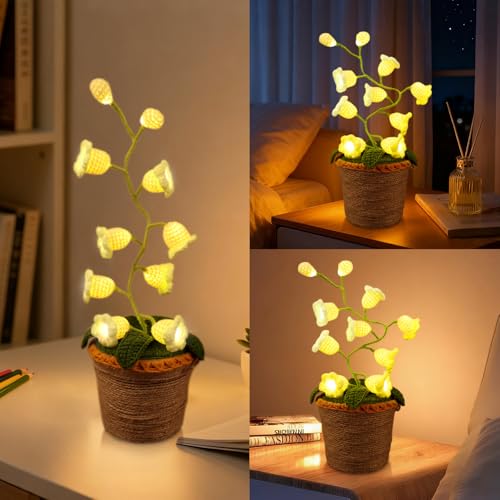 Lily of The Valley Lamp, Crochet Artificial Flowers with 10 Little Night Lights, Cordless Flower Bedside Lamps Small Table Lamp for Mothers Day,Birthday Gifts,Christmas,Valentine Home Decor (White) - color: White