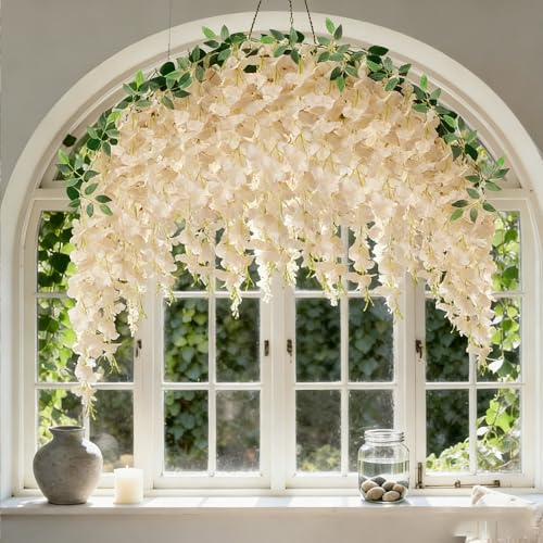 HUAHUA Artificial Wisteria Flowers, White Dense Artificial Fake Wisteria Vine Ratta Hanging Garland Silk Flowers String for Home Party Wedding Decor (24pcs Champagne) - color: 24pcs Champagne