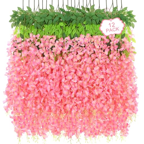 12Pcs Artificial Wisteria Hanging Flowers, 3.6Ft/Pcs Deep Pink Fake Wisteria Garland for Wedding Party Home Garden Indoor Outdoor Decoration - color: Deep Pink, size: 12Pcs