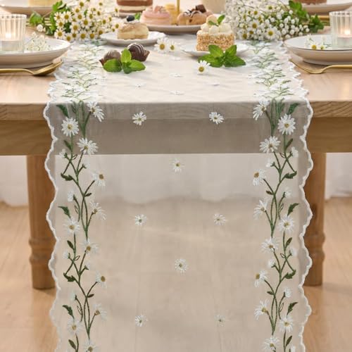 Artoid Mode Daisy Floral Milky White Shaped Gauze Embroidery Table Runner 120 Inch 10FT, Tulle Spring Summer Kitchen Dining Table Decor for Home Party - color: Milky White