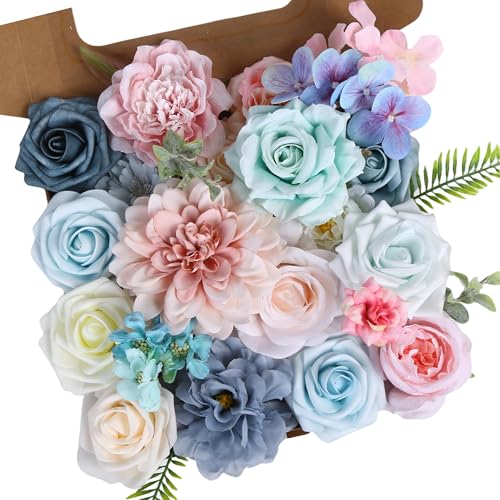 Pink Blue Flowers Combo Box, Light Blue Rose Silk Fake Flowers for DIY Floral Arrangements Wedding Bouquets Centerpiece Baby Shower Party Decoration (Blue Pink) - color: Blue Pink