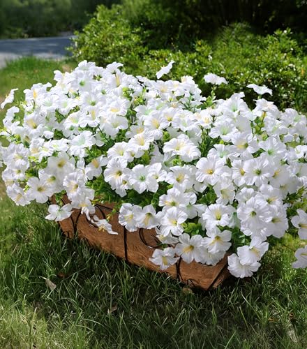Artificial Flowers for Outdoors Fake Plants Outside Decoration, 20 Bundles White Silk Petunia with Eucalyptus UV Resistant Realistic Faux Flowers for Outdoor Planters Garden Balcony Yard Porch Patio - color: White