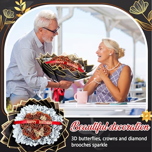 Maysing Money Bouquet Kit 12 Pcs Glitter Roses 20 Sheet Flower Wrapping Paper DIY Flower Bouquet Floral Foam Blocks Sticker for Anniversary Birthday Mother's Day Graduation(Red with Gold Trim) - color: Red with Gold Trim