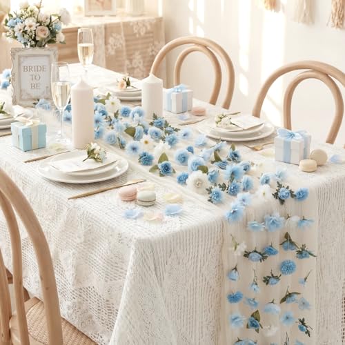 6 Pcs 35.4 Inch Artificial Hydrangea Flower Garlands with 3 Pcs 10 Ft Wedding Tulle Table Runner Wildflower Vines Floral Table Runner Garlands for Wedding Bridal Shower Spring Tea Party - style: Hydrangea
