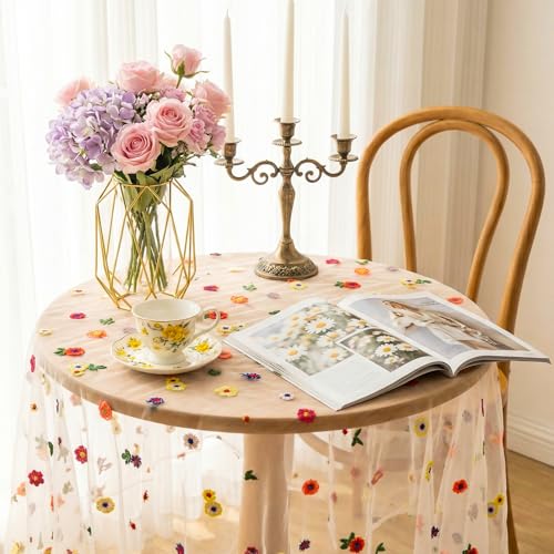 4 Pack Embroidery Floral Table Runner Rustic Spring Summer Wildflower Tulle Table Runner Vintage Flower Tabletop Runners Decoration for Home Wedding Party, 108 x 25 inch (Multicolor Flowers) - color: Multicolor Flowers-4, size: 108*24.5 inch
