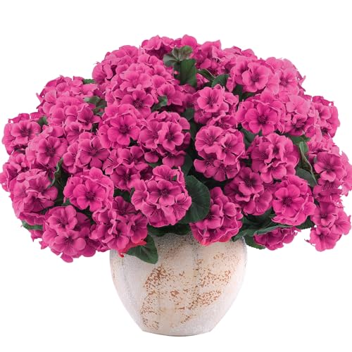 Hananona 12 Pcs Artificial Geranium Flowers for Outdoors Geranium Silk Flowers Outdoor UV Resistant Garden Plants Faux Flowers for Home Kitchen Table Centerpieces Decor (12, Rose Red) - color: Rose Red