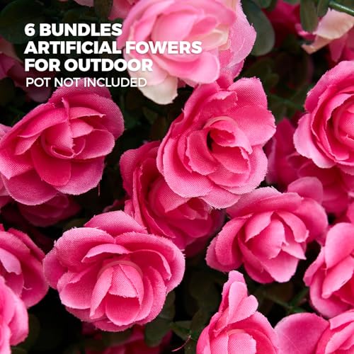 PONKING Artificial Flowers for Outdoors Patio Decoration 6 Bundles Fake Flower Rose UV Resistant Faux Plants Yard Garden Porch Home Boxwood Planter Patio Decor, Fuchsia Flower - color: D Fuchsia Rose 6pcs