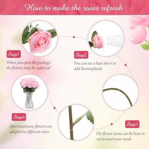 Lyrow 200 Pcs Artificial Roses Realistic Flowers Bulk Real Looking Fake Silk Rose Bouquets with Long Stem Flowers for Wedding Table Centerpieces Bridal Shower Party Home Garden Decor (Pink) - color: Pink