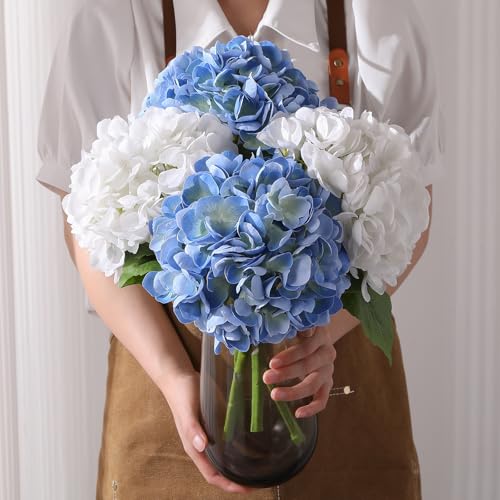 Nubry 4Pcs Hydrangea Artificial Flowers, 22.5In Latex Faux Real Touch Large Hydrangea Flowers with Long Stems & Leaves for Home Office Decor Wedding Party Arrangements(White&Blue) - color: White&blue, size: 4 Pcs