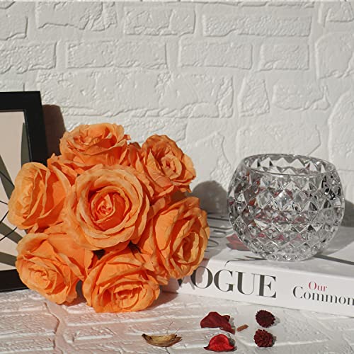 7 Large Stem Orange Rose Artificial Flowers in Vase, Silk Flowers Arrangement in Round Glass Vase Without Water for Home Decor, Wedding Table (Orange) - color: Orange W/O Water