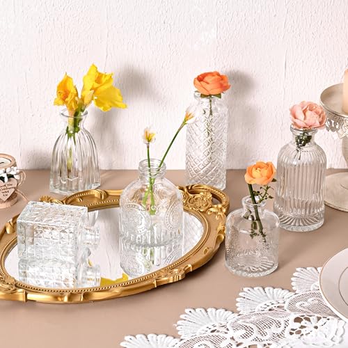 30Pcs Clear Glass Bud Vases, Wedding Table Decor, Bulk Housewarming Gift | Clear bud vases in bulk, Rustic embossed, Vintage-styled glass vases for centerpieces, 15 unique vintage styles(2 per design) - color: Clear Series