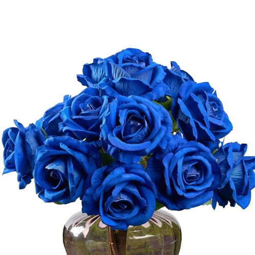 PONKING 3.5"(9cm) Rose Artificial Flower 12pcs Realistic Faux Silk Roses Fake Flowers Bouquets Arrangements Decor for Wedding Mother's Day, Home Table Christmas Valentine Decorations, Blue Flower - color: D 12pcs Blue Rose
