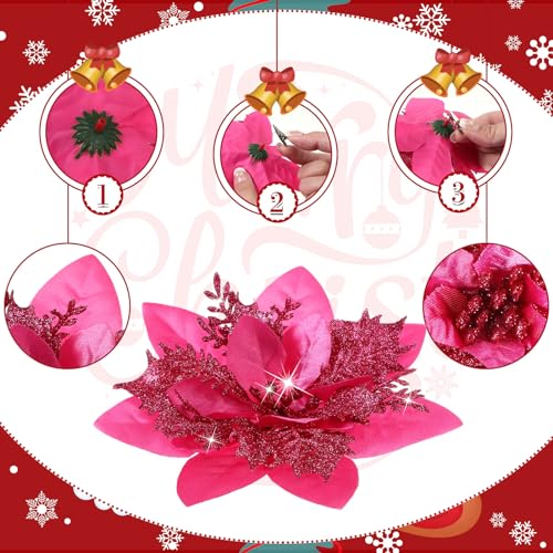 Geosar 36 Pcs Christmas Glitter Artificial Poinsettia Flowers Xmas Poinsettia Artificial Wedding Flowers Decorations Xmas Tree Ornaments with Clips for Party, 6 Inch, 4 Inch, 3 Inch(Peach Red) - color: Peach Red