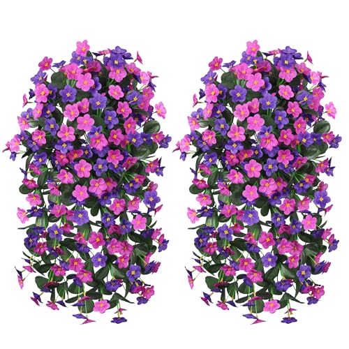 Artificial Hanging Flowers for Outdoor Decor, 2 PCS Fake Silk Orchid Vines UV Resistant Realistic for Home Porch Patio Balcony Planter Decoration(Dark Purple and Fuchsia) - color: Dark Purple and Fuchsia 2