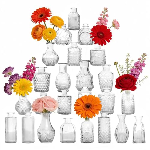 Petal Petite Small Clear Glass Bud Vase Set of 24 for Wedding Centerpieces | Clear Glass Vase, Mini Bud Vases in Bulk, Vintage Flower Vase Set for Single Stem, Home and Office Decor - color: Clear