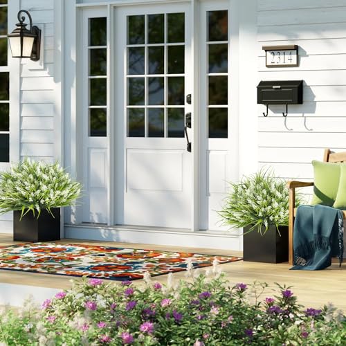 Grunyia 20 Bundles Artificial Plants Outdoor Fake Monkey Grass with Flowers (White) - color: White