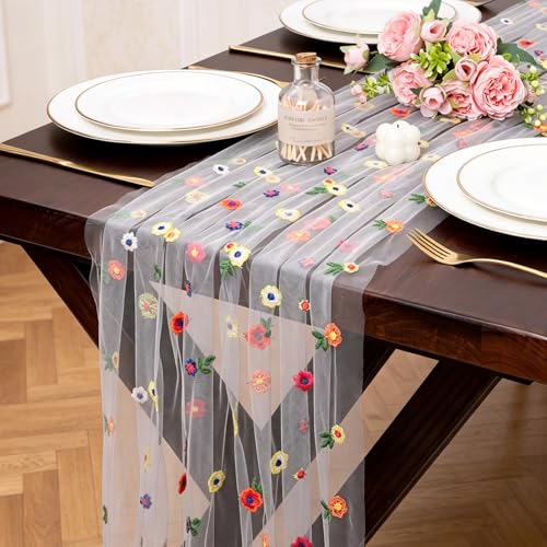 Ivory Embroidery Daisy Gauze Table Runner 10FT Floral Seasonal 120 Inch Sheer Tulle Table Runner Kitchen Dining Wedding Birthday Christmas Decor for Home Party Decorations - color: Ivory, size: 10 ft × 1 pc