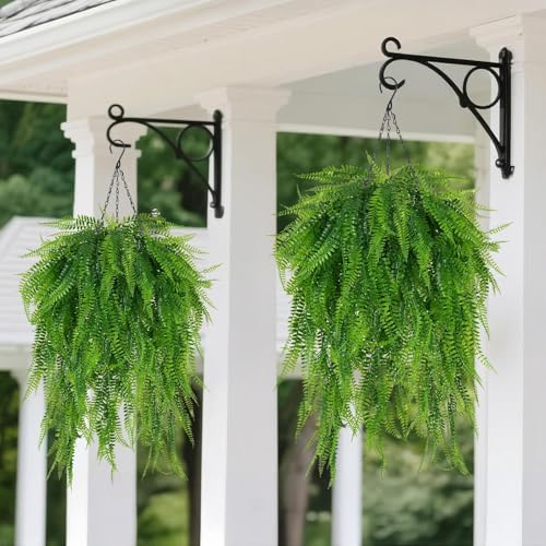 Artificial Hanging Ferns for Outdoors UV Resistant Fake Hanging Ferns with Hanging Baskets 2 Set Boston Ferns Artificial Plants 23.6" Faux Ferns Outdoor Hanging Basket Front Porch Patio Garden Home