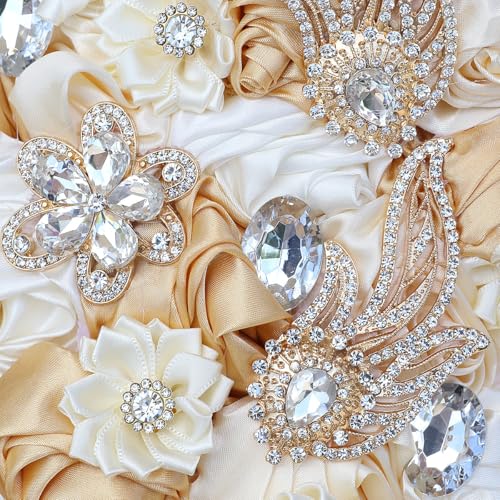 Handmade Satin Rose Water Drop Bridal Bouquet,8.7inch Crystal Wedding Round Tossing Bouquet,Jewelry Proposal Bridesmaid Bouquet Groom Corsage Bride Wrist Flower Ivory (Khaki&Ivory) - color: Khaki&ivory