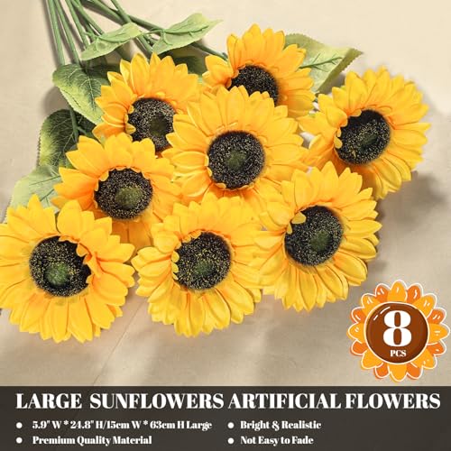 8 PCS 5.9" W x 24.8" H Large Sunflowers Artificial Flowers with Long Stems Silk Fake Big Sunflowers Bouquet Faux Sunflower Arrangement for Home Vase Table Wedding Garden DIY Fall Decor