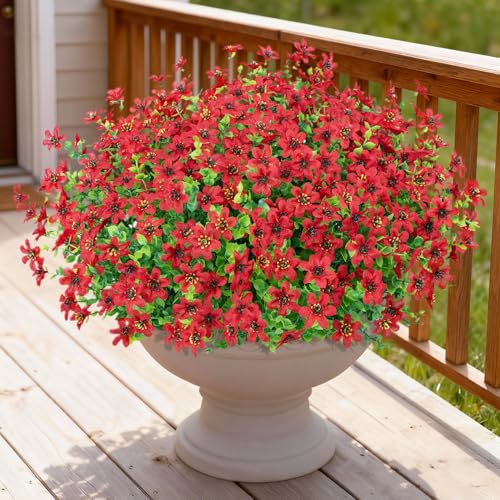 Bassion 20 Bundles Artificial Flowers for Outdoors Decorations, UV Resistant Faux Plants Fake Silk Flowers for Outside Daisy Hanging Planters Window Box Front Door Porch Patio Yard Home Decor - color: Red