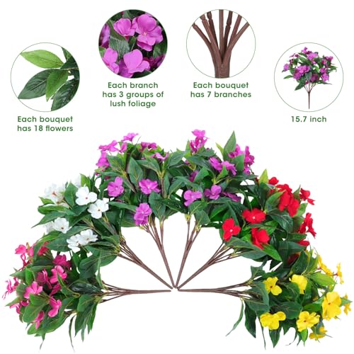 Ouddy Decor 6 Bundles Artificial Impatiens Flowers for Outdoors Decoration, Silk Flowers Bouquet Fake Plants UV Resistant for Spring Summer Garden Porch Window Box Balcony Home Decor, Multicolor - color: Multi Color
