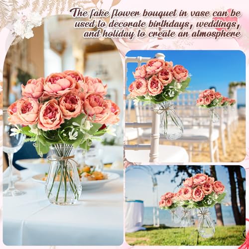 Zeyune 37 Pack Artificial Peonies Flowers with Bud Vase Bulk 24 Bundles Silk Peonies Bouquets 12 Plastic Clear Vase with 1 Rope Fake Flowers for Table Centerpiece Vases(Coffee,Perfume) - color: Coffee, style: Perfume