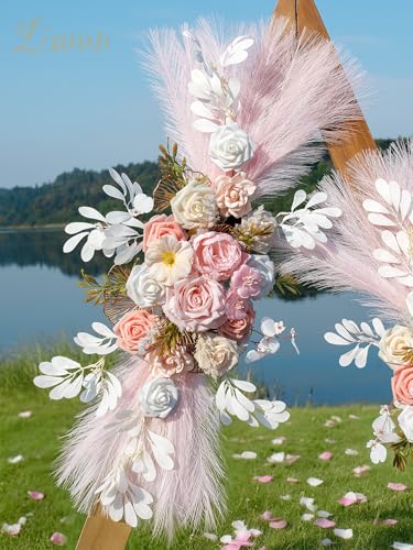 Lisuun Wedding Arch Flowers, Artificial Flowers for Decoration, Large Flower Swag for Boho Styles Wedding Ceremony Floral Decor - Pack of 2 - color: Pure White Flesh Pink Pampas