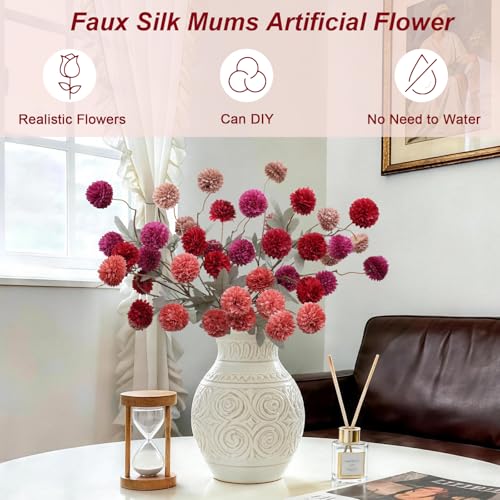 INQCMY Artificial Flowers 12 Pcs Fake Chrysanthemums Faux Kiku Flower Long Stem 20" Realistic Silk Pompon Mums for Vase Wedding Bouquets Centerpieces Home Decor (Deep Orange Red Coffee Deep Purple) - color: Deep Orange Red Coffee Deep Purple