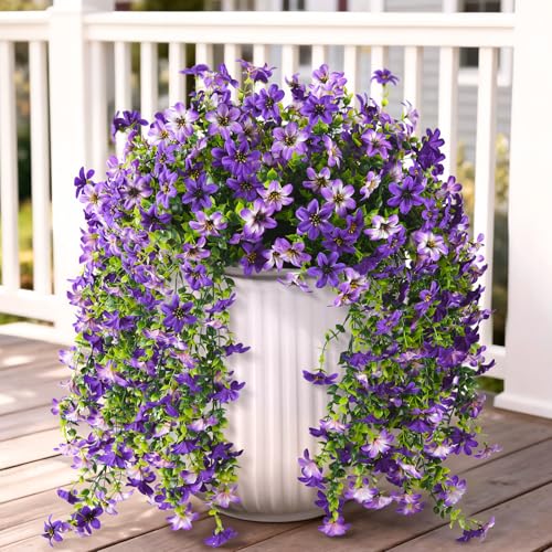 Artificial Hanging Flowers for Outdoors, 2 Pcs Fake Hanging Flowers Spring Summer Decor, UV Resistant Faux Artificial Outdoor Plants for Planter Front Door Porch Patio Garden Yard(Gradient Purple) - color: Gradient Double Purple