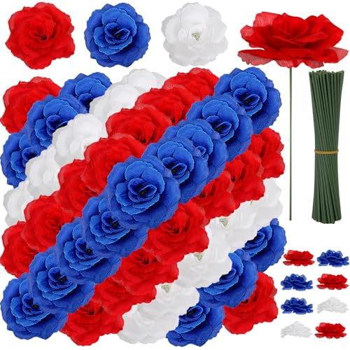 108pcs Roses Head Flowers with Stem - Red Blue White Artificial Flowers Rose Bulk - Silk Rose Fake Flower Arrangement for Patriotic Memorial Bouquet Grave Centerpieces 4th of July Veterans Party Decor - color: White-red-blue
