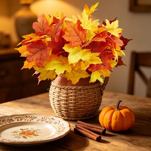 6 Pcs Artificial Maple Leaves Branches Fall Flowers 12 Inch Faux Fall Foliage Autumn Stems for Thanksgiving Table Centerpiece Harvest Home Decor Vase Filler - color: Orange 2