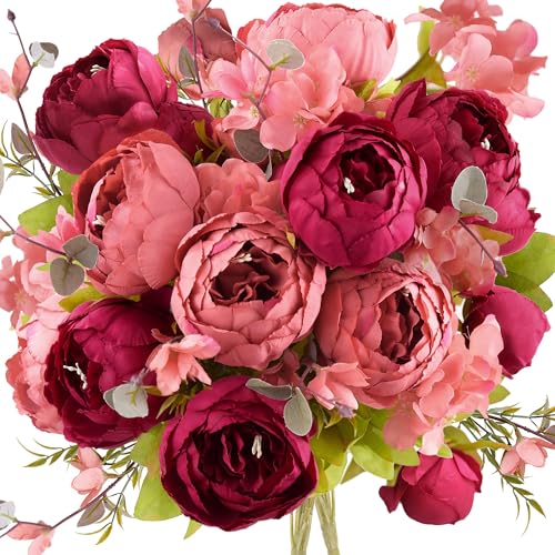 FiveSeasonStuff Country Barn Red Peony Bouquets, 2 Bundles Artificial Silk Flowers with Hydrangeas for Wedding Centerpieces & Home Decor - color: Country Barn Red