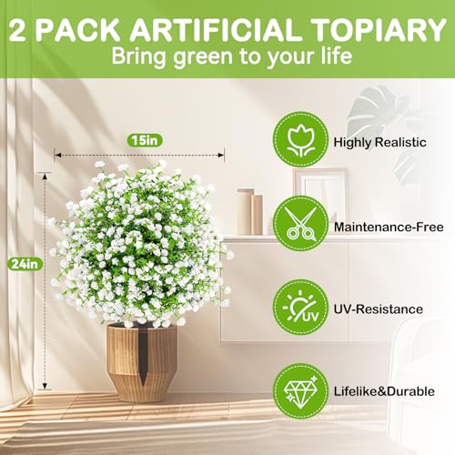 ENVEN Artificial Boxwood Topiary Ball Trees with Ground Spikes UV Resistant Faux Greenery Shrubs Fake Shrubs for Outdoors, Realistic Faux Plants Bushes for Garden Porch Yard Patio Decor (White Green) - color: White Green