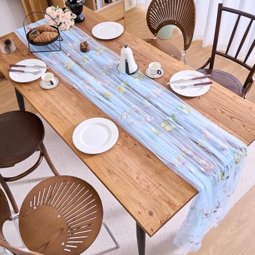 vctops 2 Packs Embroidery Lace Fall Table Runner 10ft Floral Garden Seasonal Tulle Table Runner Holiday Kitchen Dining Table Decoration for Wedding Party Baby Shower Birthday (Blue,30"x120") - color: Blue