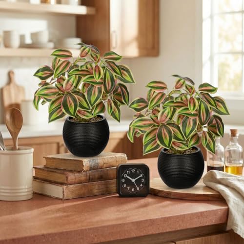 2 Packs Artificial Plants in Black Pot, 12" Faux Plant | Realistic Tradescantia Zebrina Fake Plants Potted Decorative for Home Kitchen Office Desk Bookshelf Decor - color: Pink-green