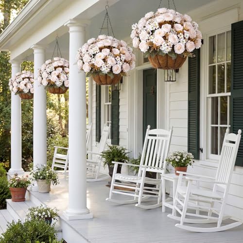 Yunlly 2 Set Artificial Boxwood Topiary Ball Trees with Rose Flowers 19.7'' UV Resistant Faux Greenery Shrubs Bushes with Ground Spike for Wedding Indoor Outdoor Front Porch Decor(Beige) - color: Beige