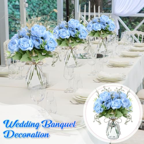 Zeyune 37 Pack Artificial Peonies Flowers with Bud Vase Bulk 24 Bundles Silk Peonies Bouquets 12 Plastic Clear Vase with 1 Rope Fake Flowers for Table Centerpiece Vases(Blue,Perfume) - color: Blue, style: Perfume