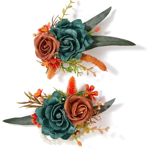 Serwalin 2 Pcs Wrist Corsage and Boutonniere Set, 6-7 Inch Teal Orange Corsage for Wedding, Boutonniere for Men Corsage Wristlet Prom Ceremony Anniversary Accessories Suit - color: Teal Orange, size: 1 Boutonniere & 1 Wrist Corsage-2pcs