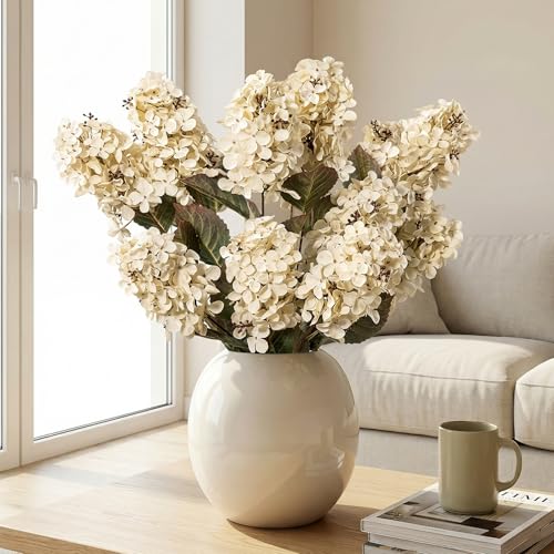Ttranewsoo Hydrangea Artificial Flowers,Fall Hydrangeas Artificial Flowers, Fake Fall Dried Hydrangea Decoration,Faux Silk Flower with Stems Winter Decor Without Vase（Cream White 8PCS - color: White