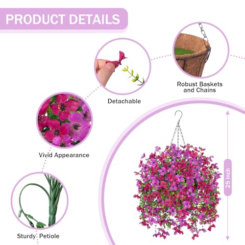 INXUGAO Artificial Hanging Flowers Plants with Basket for Outdoors, Realistic Faux Silk Daisy Flower Eucalyptus for Spring Decor, UV Resistant Fake Plants for Porch Patio Yard Balcony, Purple Violet - color: A-purple Red Violet