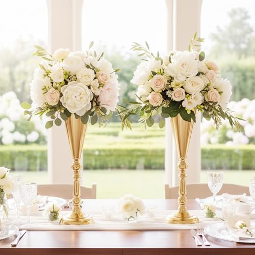 Tabletop Flower Vases for Centerpiece: 16.7in Metal Wedding Flower Gold Vases, 2pcs of Trumpet Vases for Christmas Anniversary Birthday Party Home Decoration Flower Arrangement - color: Gold, size: 2xL