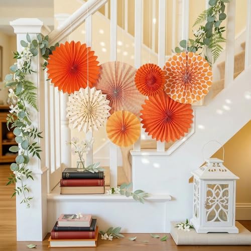 SUNBEAUTY Pack of 7 Hanging Paper Fans Collection Orange Paper Fans Home Party Photo Backdrop Decorations - color: Wd-orange