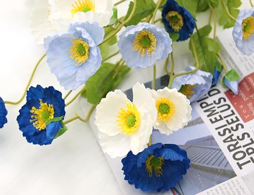 FERIAL 6pcs Artificial Poppy Flowers Silk Fake Poppy Flowers with Stems Faux Poppy Real Touch Flowers for Home Kitchen Table Centerpieces Floral Arrangement Wedding Bouquet Mixed Decoration - color: White&blue