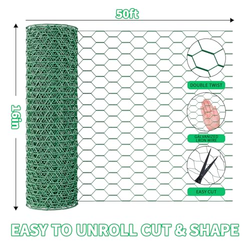 16 x 600 Inches Chicken Wire for Floral Arrangements, Green Chicken Wire, Hexagonal Galvanized Wire Mesh for Poultry Barrier, Flower Arrangement, Crafts and Garden - color: Green, size: 16 x 600 Inches